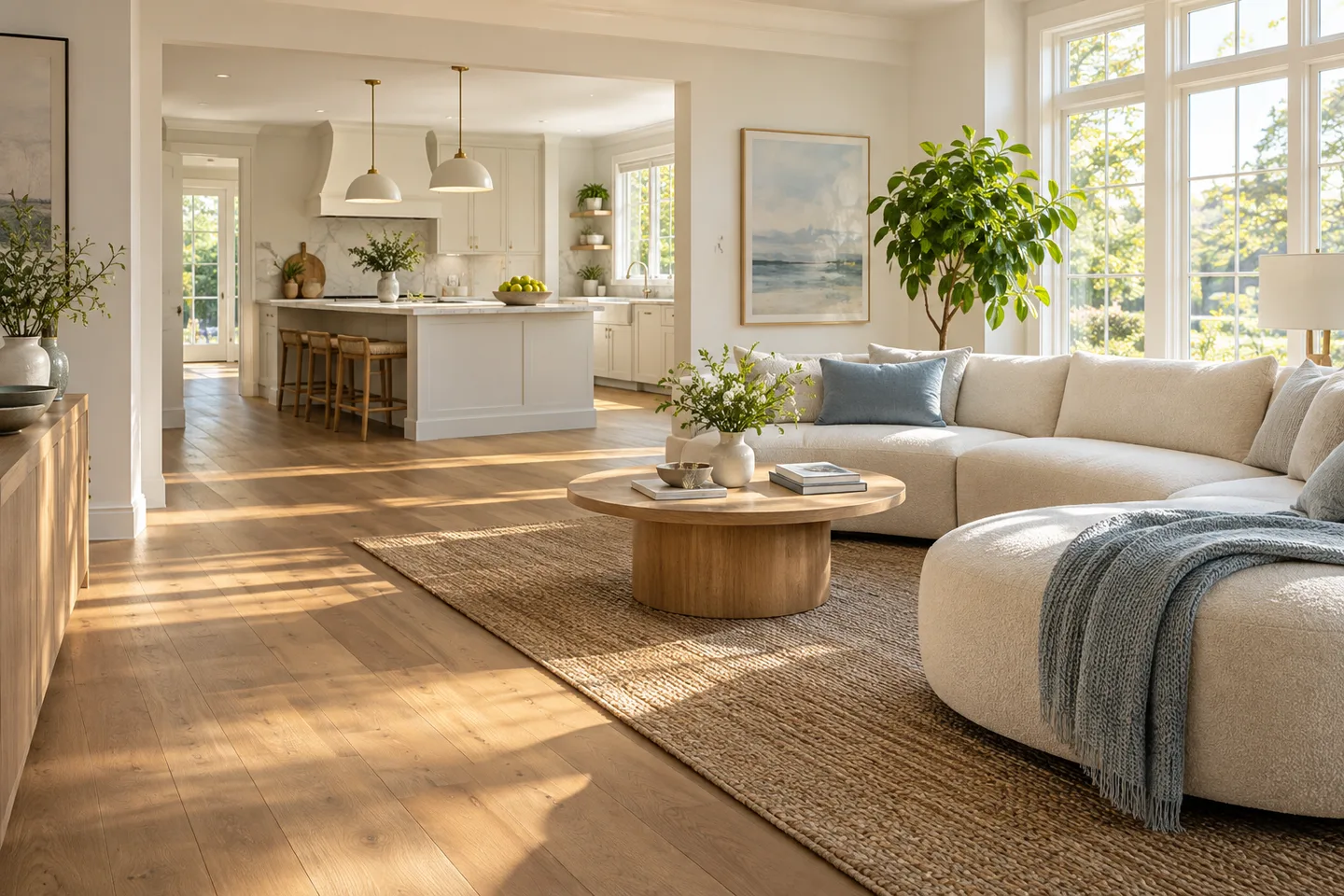 Illustrative sunlit living room and kitchen